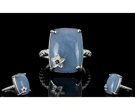 Angelite Statement Ring with sapphire set star accent, 12cts of the unusual stone, angelite, mined in Mexico, in a single elo