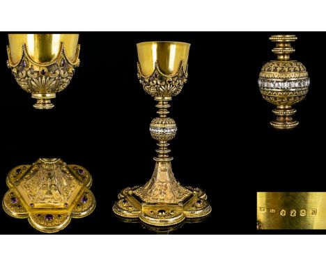 A Stunning and Unique Irish Ecclesiastical 18ct Gold And Silver Gilt Jewel Set Chalice In the French Gothic style with lobed 