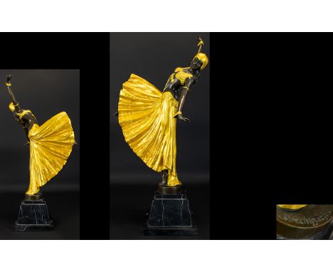 Art Deco Style Nice Quality - Impressive and Tall Reproduction Painted Bronze Figure After Ciparius of a Night Club Dancer, R