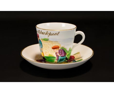Early 20th Century Souvenir From Blackpool Cup And Saucer white ground with gilt trim, the cup and saucer hand painted with s
