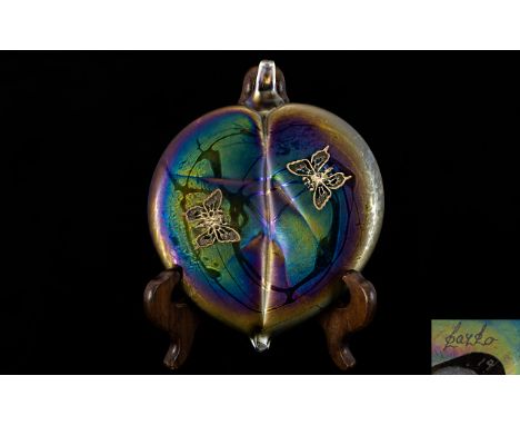 Lazlo - Signed Hand Painted Iridescent and Glass Silver Butterfly Top - Lily Pad Paperweight of Excellent Form. Please See Ph