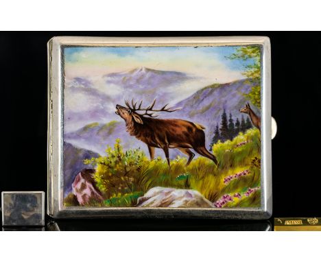 German Antique Period Alpaca Silver and Enamel Cigarette Case ' Gilt Interior ' with Image of a Large Stag, Standing on a Mos