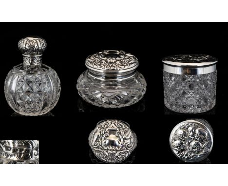 A Small Collection of Nice Quality Silver Topped Cut Glass Ladies Vanity Dressing Table Jars ( 3 ) Various Shapes and Sizes. 