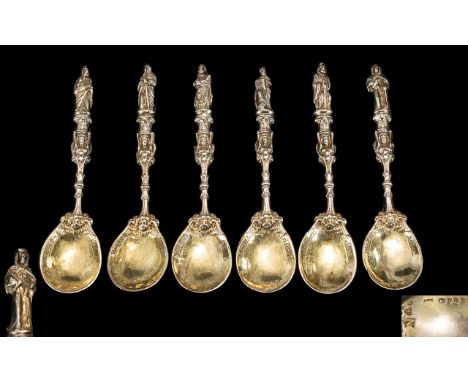Dutch - Wonderful Quality 19th Century Set of Six Cast Silver and Gilt Apostle Spoons. The Figure of an Apostle to Top of Eac