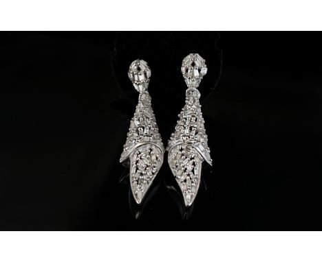 Diamond Pair of 'Linenfold' Drop Earrings, the drop of the earrings in the shape of a piece of fabric folded in a wave, back 