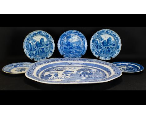 A Very Large 19thC Blue and White Meat Platter Pagoda design 24 inches by 19 inches. Together with 4 Spode blue and white pla