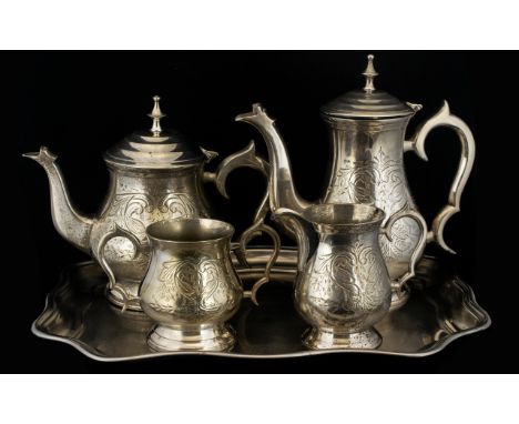 A Five Piece Silver Plated Tea And Coffee Service To include tray, teapot, coffeepot, milk jug and sugar bowl with etched flo