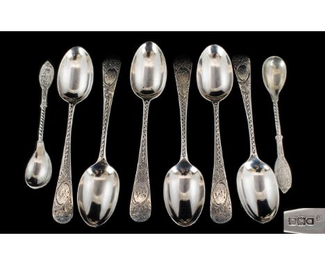 Victorian Period Good Set of Six Silver Tea Spoons with styalised chased decoration to stems and spoons.  Hallmark London 189