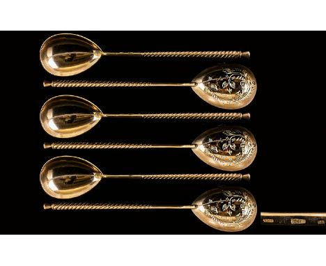 Russian Fine Quality Set of Six Silver and Gilt Barley Twist Stemmed Teaspoons with diamond cut leaf bowl of excellent form w