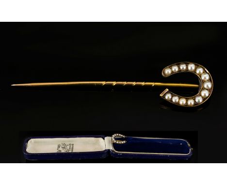 Antique Period 18ct Gold - Horse Shoe Stick Pin, The Horse Shoe Set with Seed Pearls. Marked 18ct, In Overall Excellent Condi