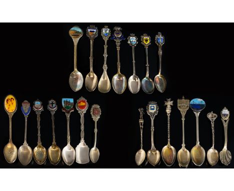 A Good Collection of Silver and Silver Plate Enamel Set Souvenir Spoons, Some Marked for Silver ( 21 ) Spoons In Total. All I