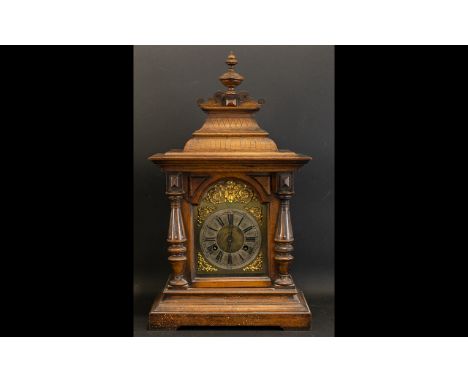 Mantel Clock Late 19th/early 20th century clock, oak case, standard movement, silvered chapter dial with brass spandrels and 