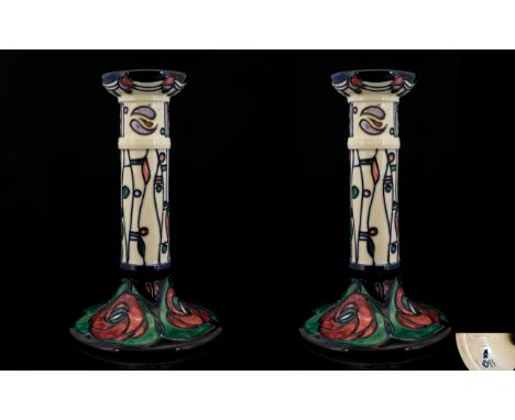 Moorcroft - Tubelined Stunning Pair of 'Rennie Mackintosh' Design Candlesticks. c.1995. Moorcroft Impressed Marks and Painted