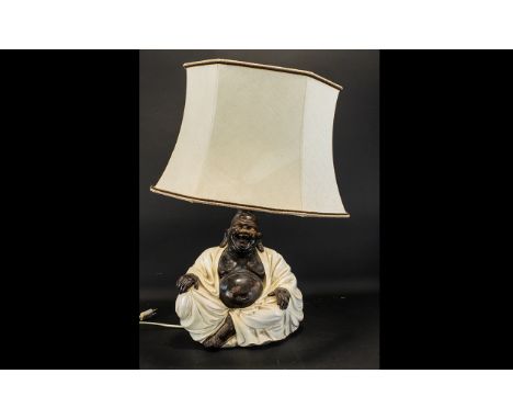 Mid 20th Century Ceramic Lamp In The Form Of Laughing Buddha Large figural lamp in painted terracotta with cream canopy shade