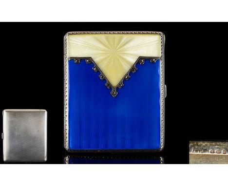 Art Deco Period Wonderful Quality - Guilloche Enamel and Silver Starburst Design Ladies Hinged Case, The Front of Case Is Dec