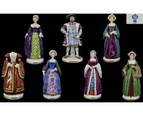 Sitzendorf Hand Painted Set of Porcelain Figures - King Henry The VIII And His Six Wives ( 7 ) Figurines. Comprises 1/ King H