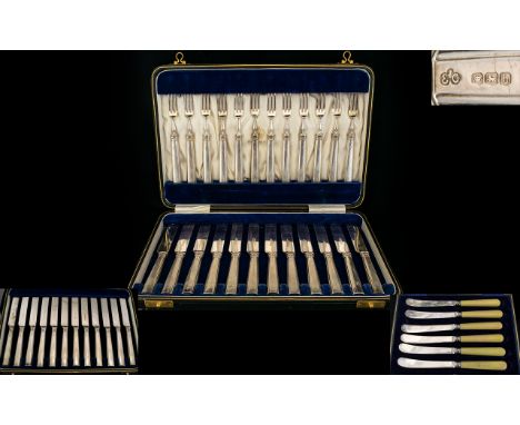 Elkington &amp; Co Delux Boxed Set of A ( 24 ) Piece Silver Handled Fruit Set - 12 Forks &amp; 12 Knives. Hallmark Sheffield 
