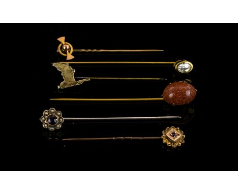 A Collection Of Six Late 19th And Early 20th Century 9ct Gold And Mixed Metal Stick Pins A good collection to include 9ct gol