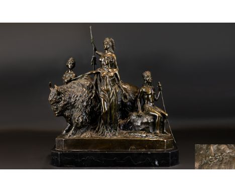 After Clement Masier 1847 - 1932 Cast Bronze Figure Group - Titled ' The Civilisation of America ' Depicts Three Figures of a