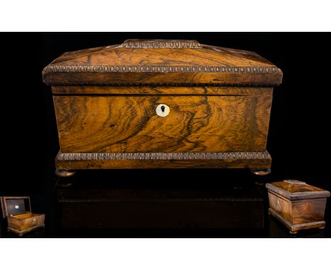 Early Victorian Period Large Sarcophagus Shaped Rosewood Tea Caddy, Ivory Escutcheon, No Caddy Bowls. 12.75 Inches Wide, 7 In