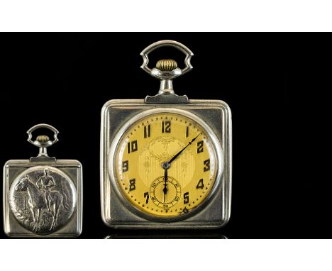 Art Nouveau - Stylish Slim-fold Silver Square Shaped Hunting Scene Open Faced Pocket Watch. The Back Cover of Pocket Watch wi