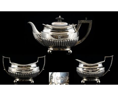 Victorian Period - Bachelors Solid Silver Tea For Two 3 Piece Tea Service, of Solid and Heavy Construction with Half Fluted B