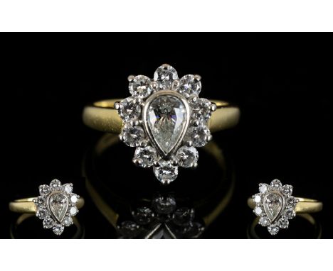 18ct Gold Attractive Nice Quality Pear Shaped Diamond Set Cluster Ring, The Central Pear Shaped Diamond Surrounded by 10 Bril