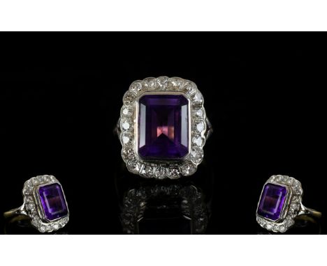 18ct Gold - Superb Quality Amethyst and Diamond Set Cluster Dress Ring, The Central Large Step-Cut Amethyst of Excellent Colo