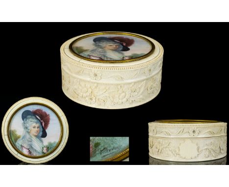 A Superb 19th Century French Carved Ivory Powder Box With Portrait Miniature To Lid Signed Claveau  Wonderful circular box wi