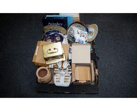 A Mixed Box Of Collectables To Include Commemorative Cups, Carriage Clocks, Egyptian ceramic bust, various cabinet plates, Ro