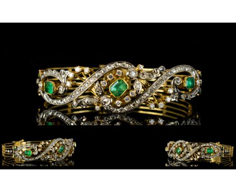 French Superb and Exquisite 19th Century 18ct Gold - Diamond and Emerald Set Hinged Bangle. French Gold Marks for 18ct, Est D
