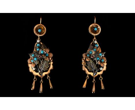 Victorian Period Rose Gold Turquoise And Seed Pearl Set Drop Earrings Wired earrings of teardrop form with naturalistic and i