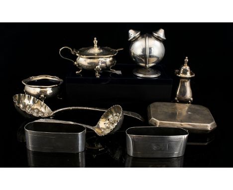 A Small Collection Of Silver Items To include a berry spoon 1803, Sifter spoon 1897, Three Piece Cruet Set 1927, Art Deco Com