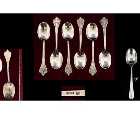 Sterling Silver Charles II Before and After Reproduction Box Set of Six ' Trifid ' Lace Back Spoons. From The Year 1680, Firs