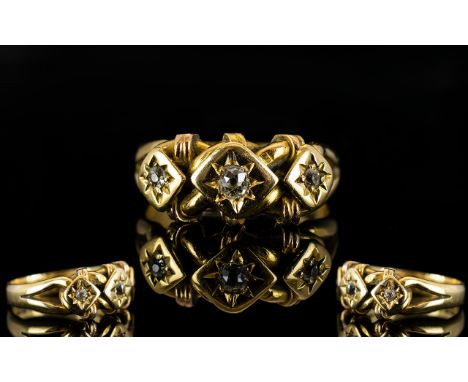 Ladies 18ct Gold Attractive 3 Stone Diamond Ring - Starburst Setting. Full Hallmark for 18ct. Ring Size K - L. 5.7 grams. 