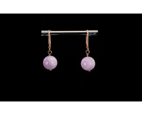 Natural Kunzite Drop Earrings, single globes of the natural lilac-pink gemstone, kunzite, totalling 19cts suspended from rose