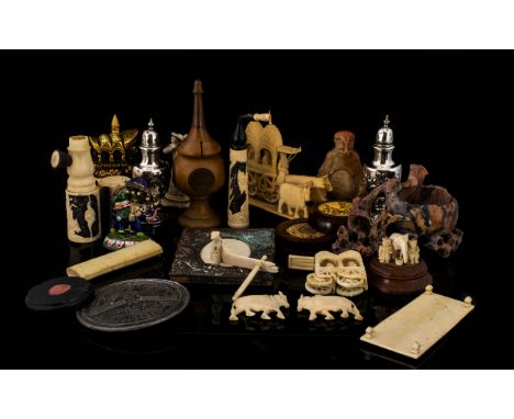 A Small Mixed Lot Of Oriental And Collectibles To include a soapstone carving, Indonesian carved bone carriage figures, carve