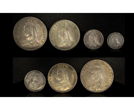 A Good Collection of Queen Victoria Jubilee Bun Head Silver Coinage ( 7 ) Coins. All Dated 1887. Comprises 1/ Crown - 5 Shill