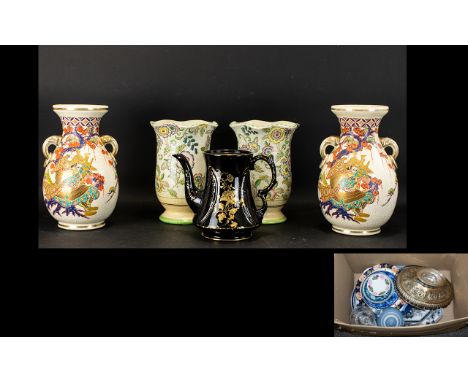 A Large Collection Of Pottery To include a pair of Japanese vases with gilt trim, a pair of 1930's Deacon Pottery vases with 