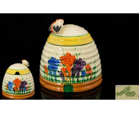 Clarice Cliff Hand Painted - Lidded Beehive Honey Pot ' Crocus ' Pattern. Date 1929, Ribbed Design, Marked to Base - Clarice 