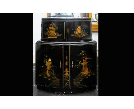 Early 20th Century Oriental Painted Cocktail Cabinet/Mini Bar Of two tier curved form with integral sliding glass doors to ba