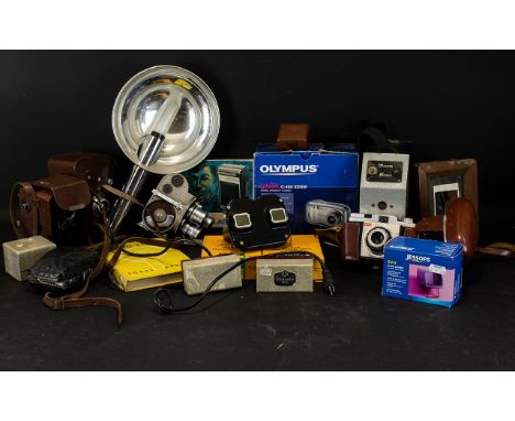 Mixed Lot Of Camera Related Items - To Include A G.B.Bell &amp; Howell 8mm Projector Model 606 H. A Boxed Olympus C-480 Zoom 