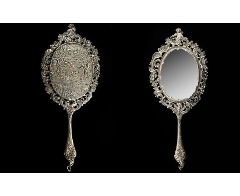 Dutch - 19th Century Superb Quality Cast Solid Silver / Ornately Decorated Hand Mirror, Profusely Decorated with Embossed Ima