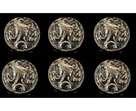 Arts and Crafts Period Set of Six Silver Buttons of Attractive Form with Original Box. All Buttons In Excellent Condition. Ha