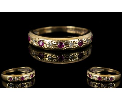 Ladies 9ct Gold Diamond and Ruby Set Half Eternity Ring. Fully Hallmarked for 9.375. Ring Size - K. 