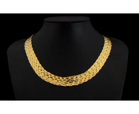 A Silver Gilt Lattice Weave Collar Necklace Lobster claw closure, marked 925 Italy. Overall length, 18 inches, 23 grams. Very