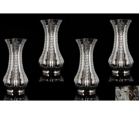 Victorian Period Set of 4 Matching Solid Silver Vases of Wasted Form with Ribbed Leaf Decoration to Bodies. Two Hallmarked Bi