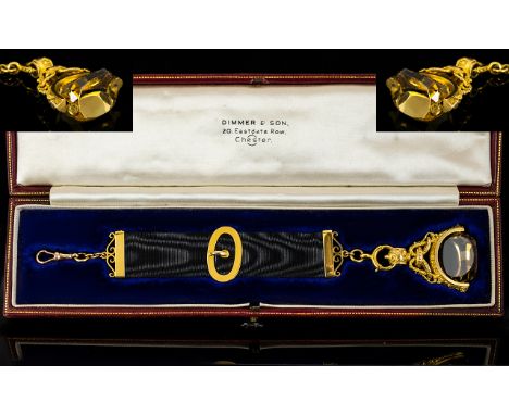 Victorian 15ct Gold Mounted Silk Albert And 18ct Gold Swivel Fob, Set With A Citrine, Fully Hallmarked For Chester K 1893, Le