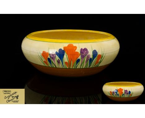 Clarice Cliff Bizarre Crocus Pattern Bowl Low circular bowl in yellow and cream crocus pattern. Marked to base, paint loss an