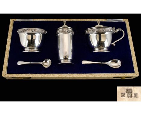 David Lawrence - Silversmith Celtic Banded Solid Silver 3 Piece Cruet Set with Spoons. Original Box. Hallmark Birmingham 1966